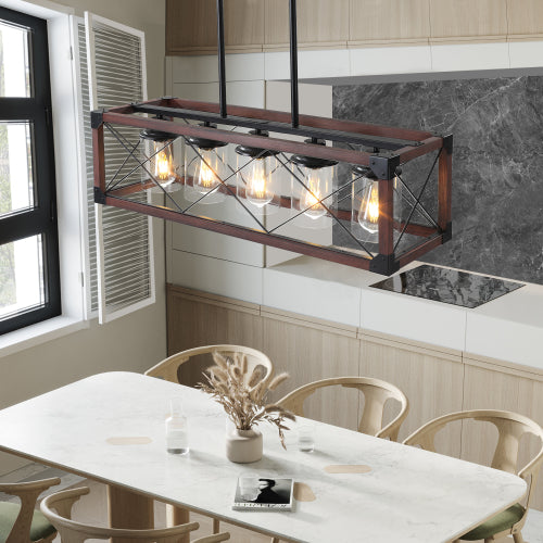 32" Walnut Industrial Farmhouse Rectangle Pendant Light, 5-Light Chandelier (No Bulbs)