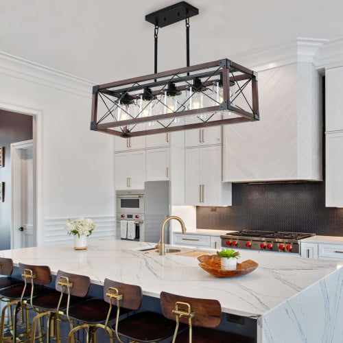 32" Walnut Industrial Farmhouse Rectangle Pendant Light, 5-Light Chandelier (No Bulbs)