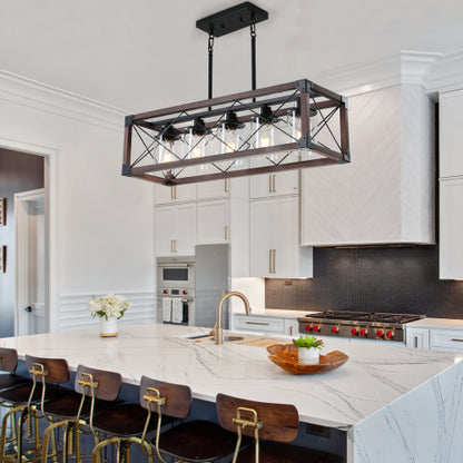 32" Walnut Industrial Farmhouse Rectangle Pendant Light, 5-Light Chandelier (No Bulbs)