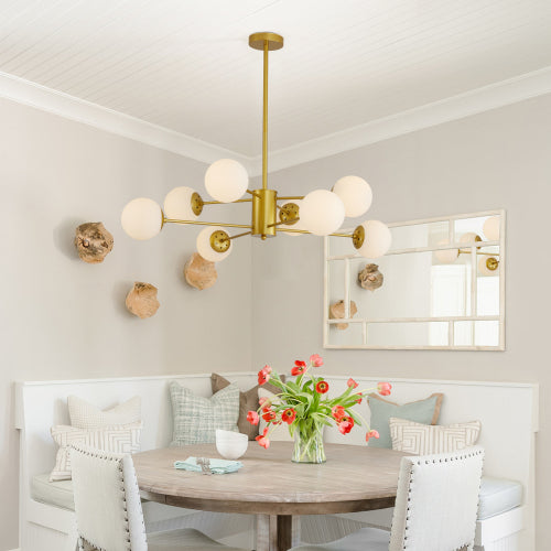 35" Modern 8-Light Gold Chandelier with White Glass Globe Shades (No Bulbs)