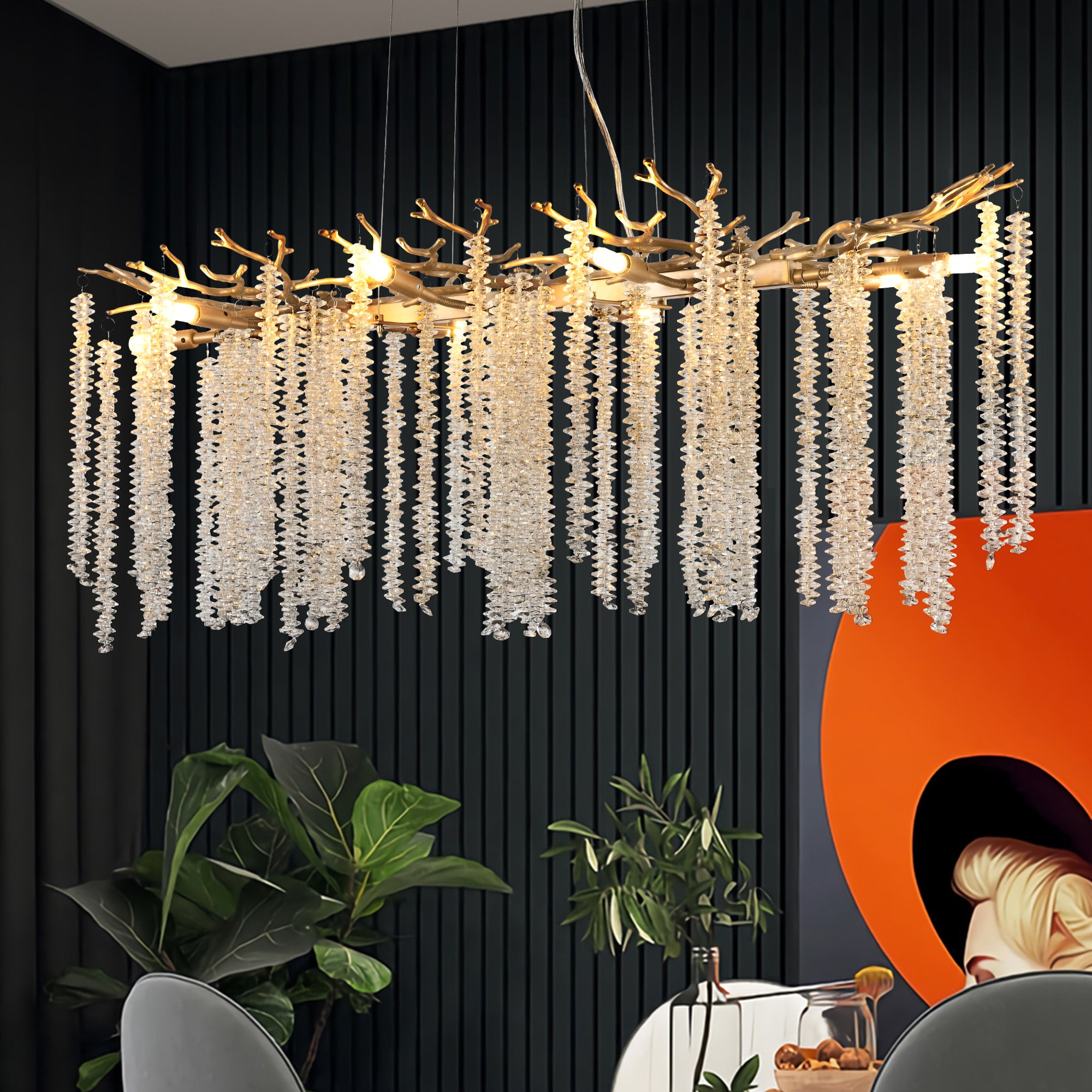 39.4-inch Modern Golden Pendant Light with Cascading Crystal Strands