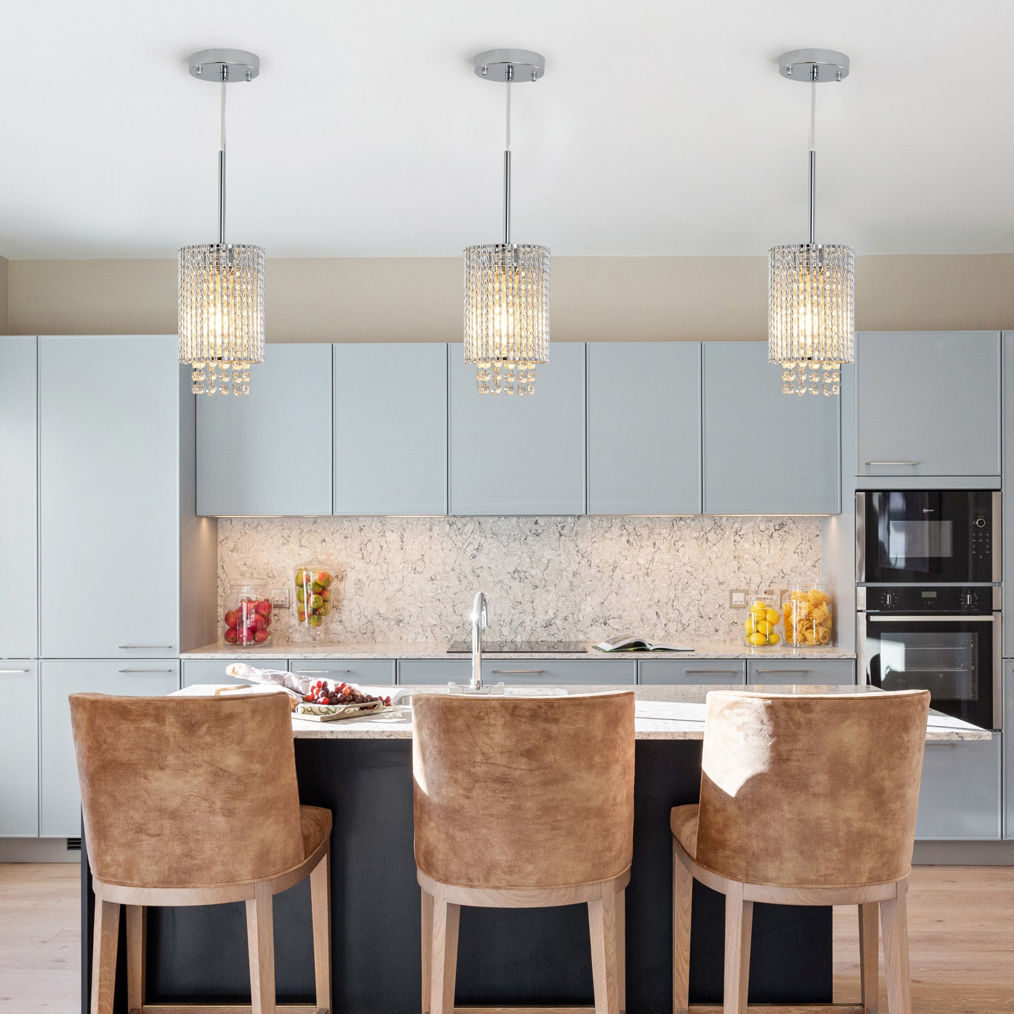 Lot de 3 lampes suspendues en cristal de luxe, lustre élégant avec finition dorée et design en perles en cascade (sans ampoules) 