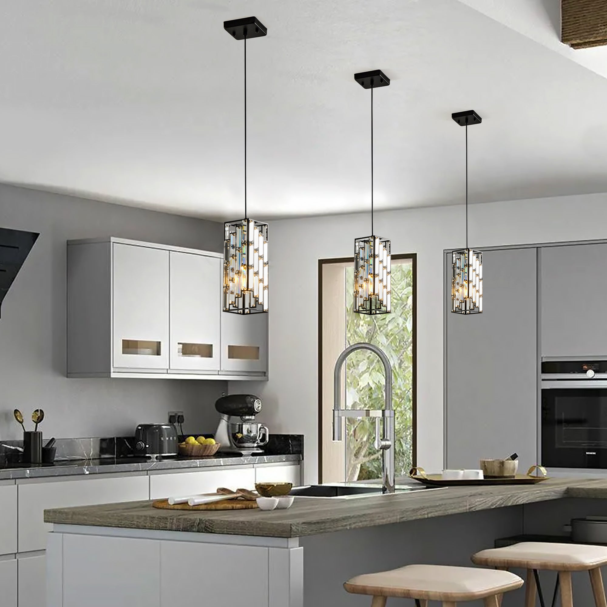 Modern Crystal Pendant Lights – Set of 3 Adjustable Ceiling Fixtures