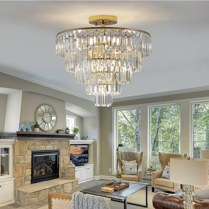 Lustres en cristal doré, luminaire de lustre semi-encastré rond à 5 niveaux