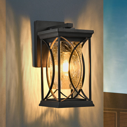 14"(H) 1-pack Black Outdoor Wall Lantern with Crackled Glass (Bulb Not Included)
