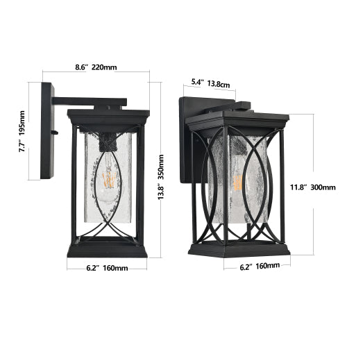 14"(H) 1-pack Black Outdoor Wall Lantern with Crackled Glass (Bulb Not Included)