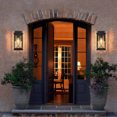 14"(H) 1-pack Black Outdoor Wall Lantern with Crackled Glass (Bulb Not Included)