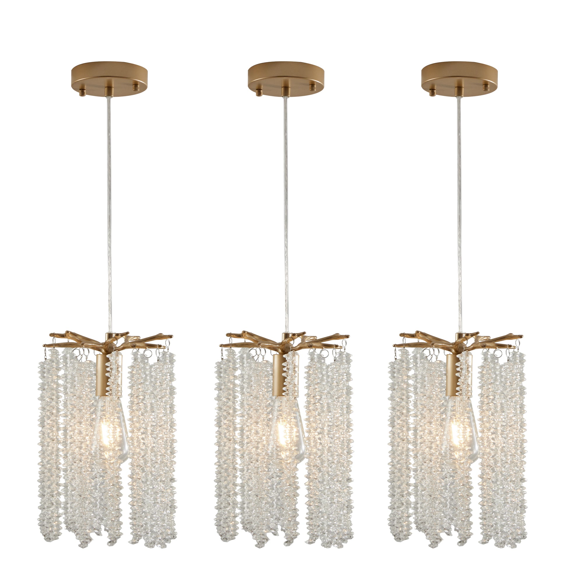 Lot de 3 lampes suspendues en cristal de luxe, lustre élégant avec finition dorée et design en perles en cascade (sans ampoules) 