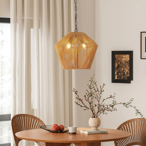 17" Boho Hemp Rope Pendant Light – Handcrafted Farmhouse Elegance