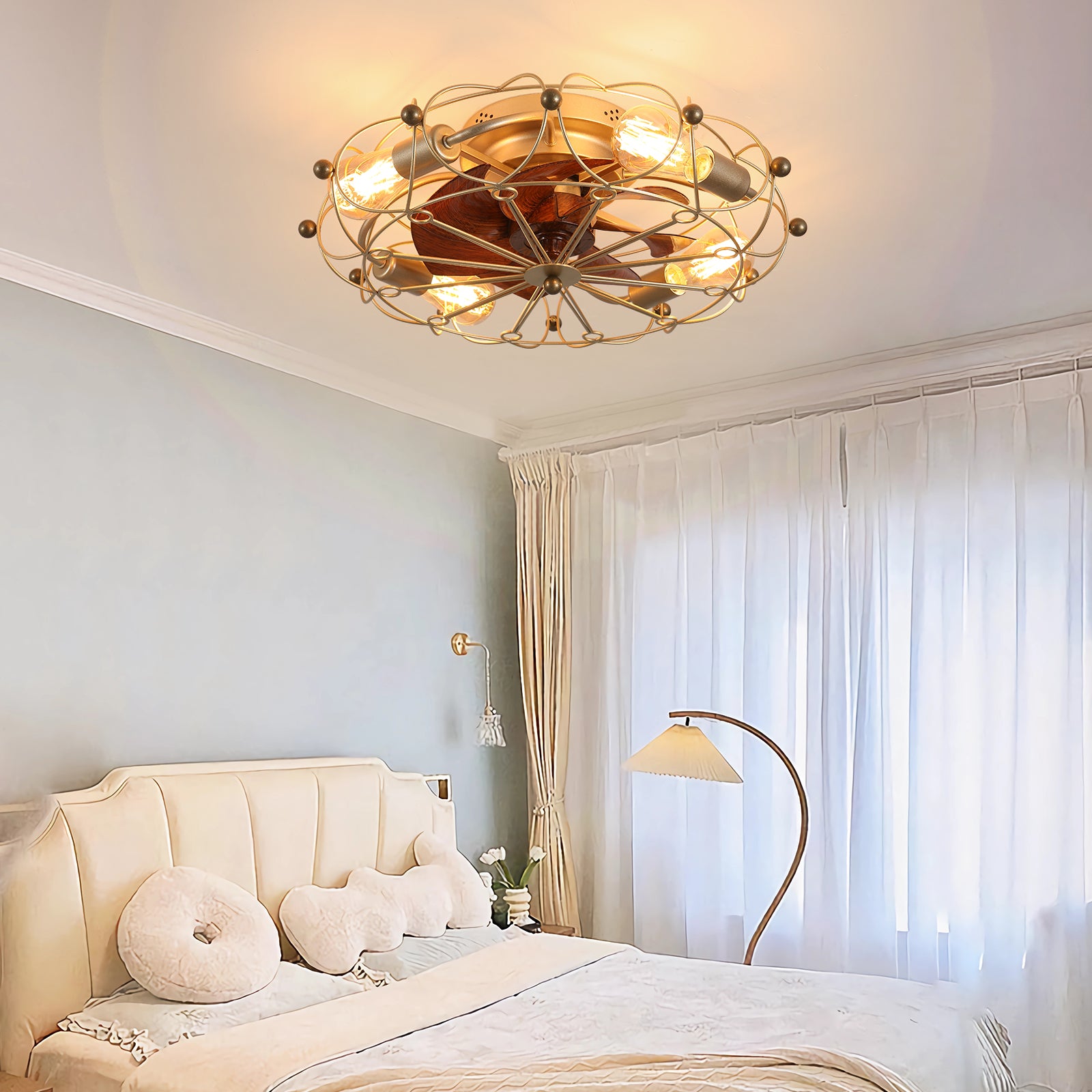 Low-Profile Caged Ceiling Fan with Light