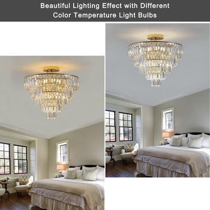 Lustres en cristal doré, luminaire de lustre semi-encastré rond à 5 niveaux