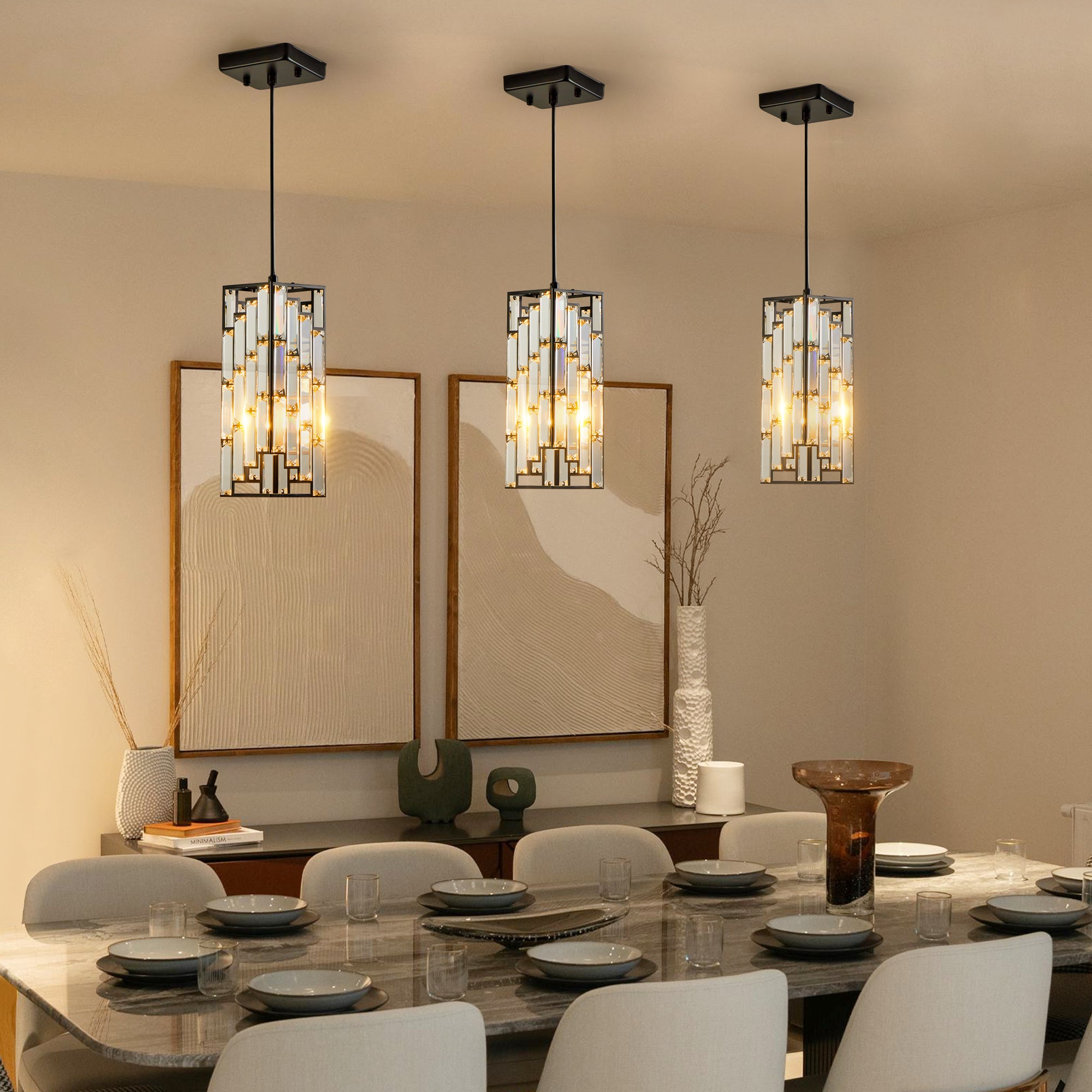 Modern Crystal Pendant Lights – Set of 3 Adjustable Ceiling Fixtures