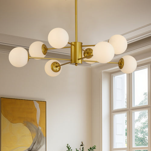 35" Modern 8-Light Gold Chandelier with White Glass Globe Shades (No Bulbs)