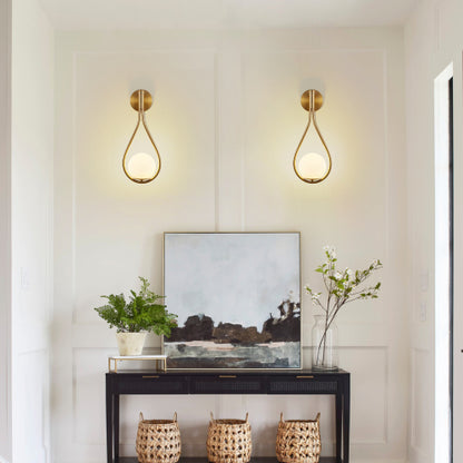 Modern Golden Wall Sconces – Set of 2 Mid-Century Opal Globe Lights