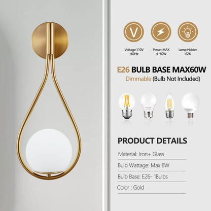 Modern Golden Wall Sconces – Set of 2 Mid-Century Opal Globe Lights