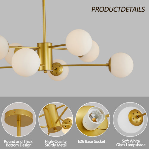 35" Modern 8-Light Gold Chandelier with White Glass Globe Shades (No Bulbs)