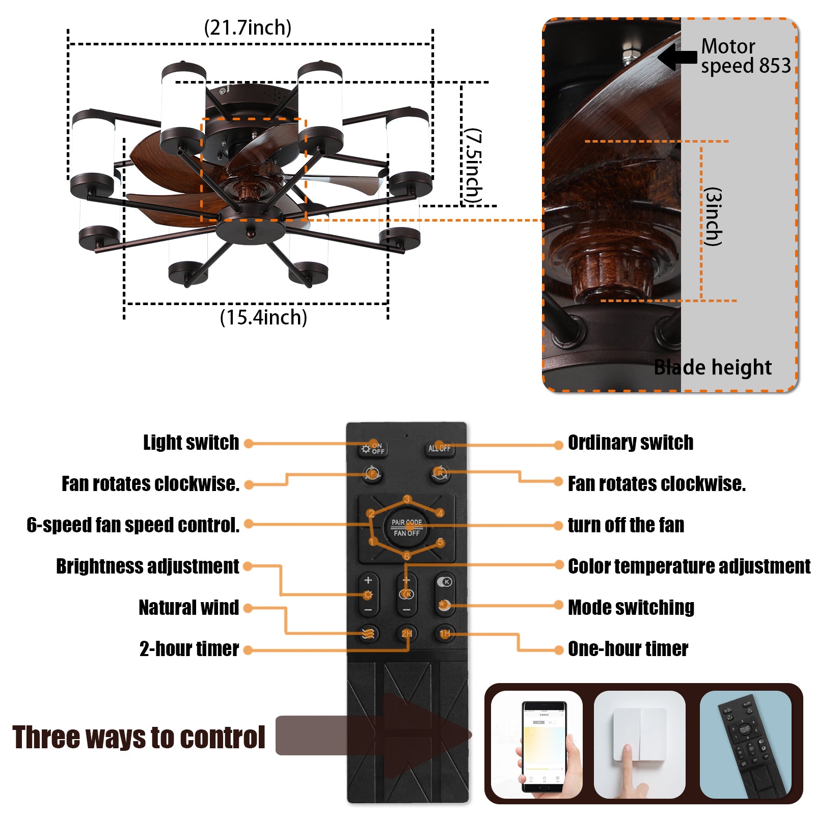 21.7" Low-Profile Ceiling Fan with Dimmable Light