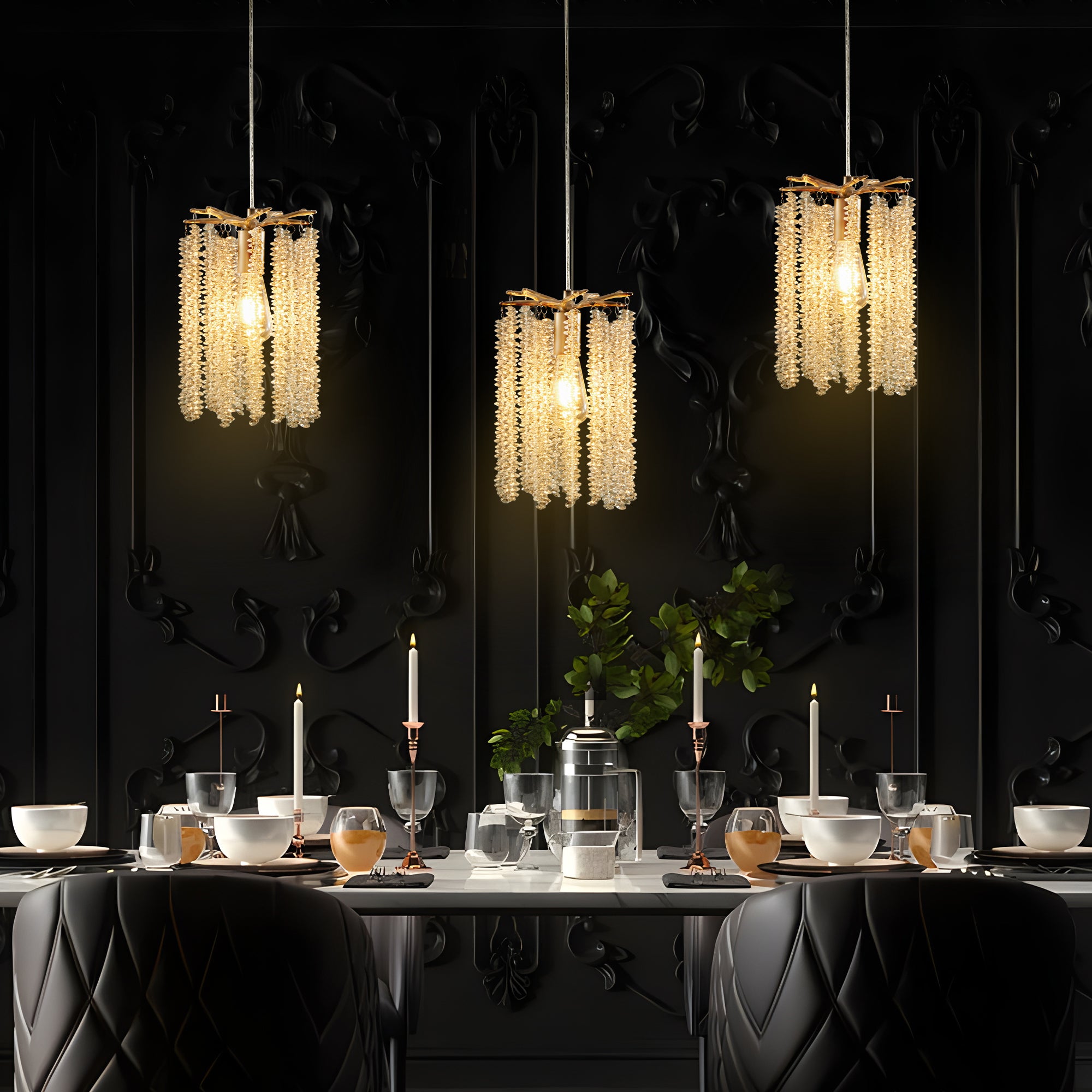 Lot de 3 lampes suspendues en cristal de luxe, lustre élégant avec finition dorée et design en perles en cascade (sans ampoules) 