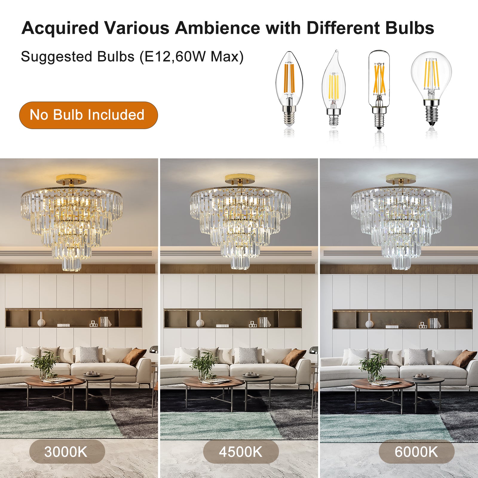 Lustres en cristal doré, luminaire de lustre semi-encastré rond à 5 niveaux