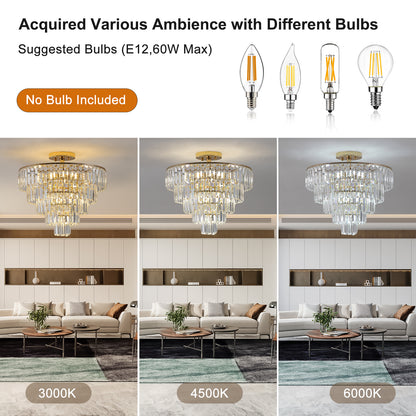 Lustres en cristal doré, luminaire de lustre semi-encastré rond à 5 niveaux