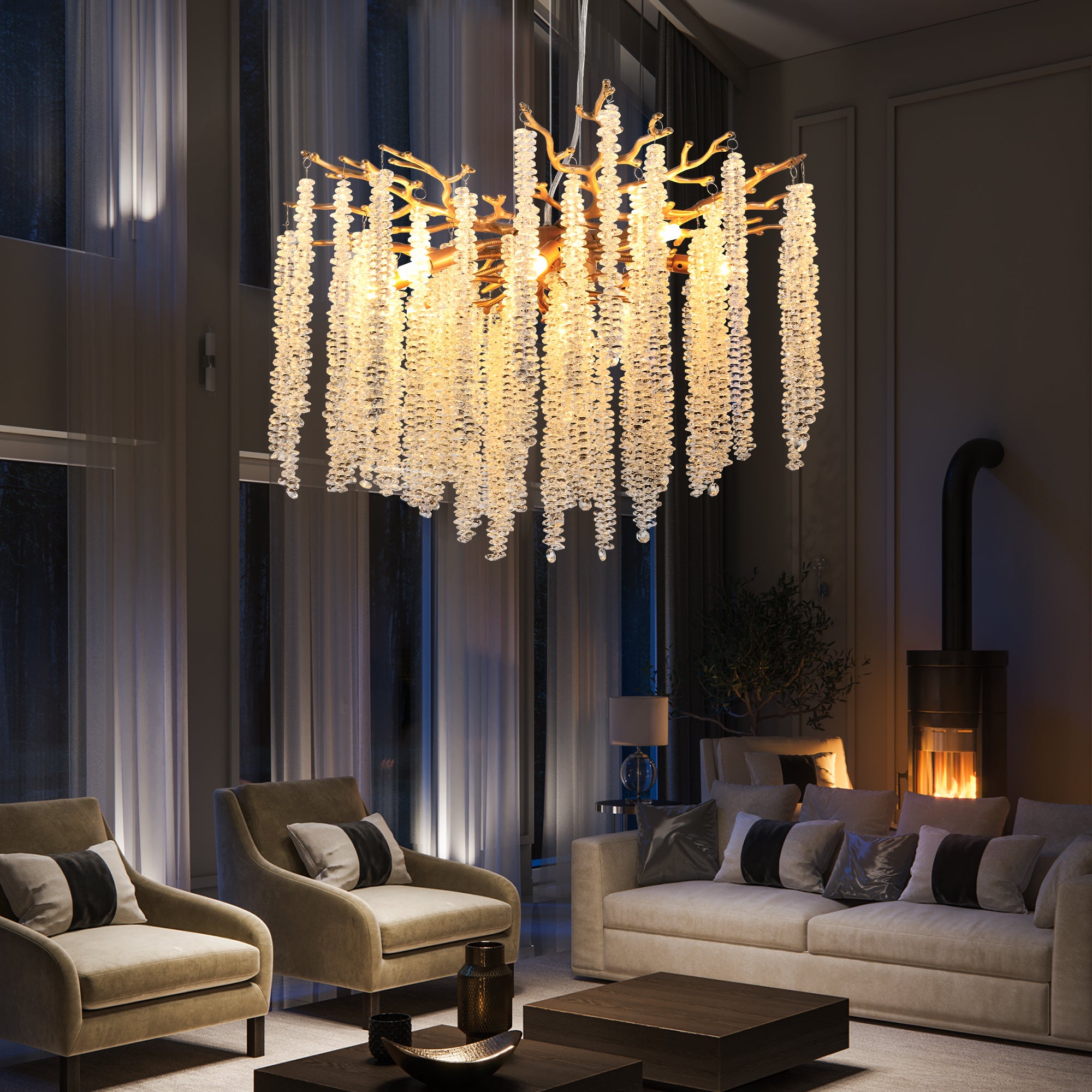 23.6-inch Modern Golden Pendant Light with Cascading Crystal Strands