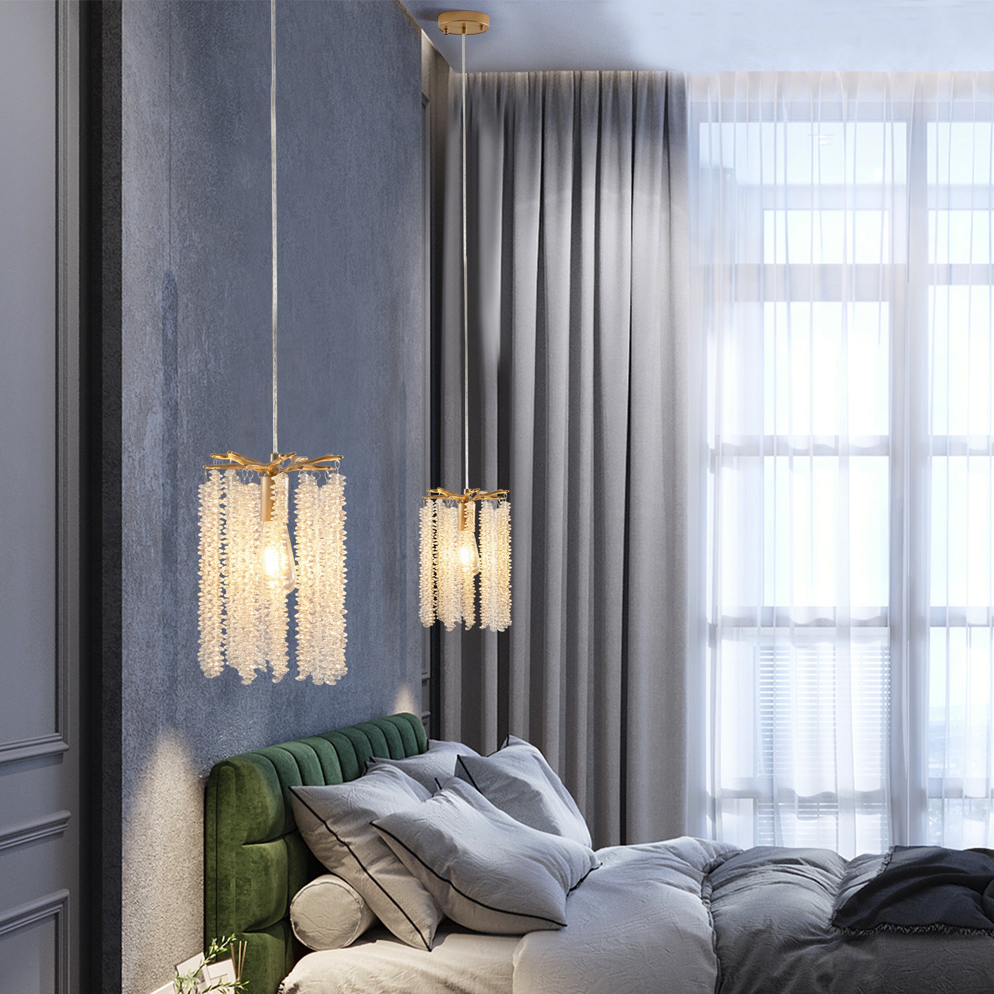 Lot de 3 lampes suspendues en cristal de luxe, lustre élégant avec finition dorée et design en perles en cascade (sans ampoules) 