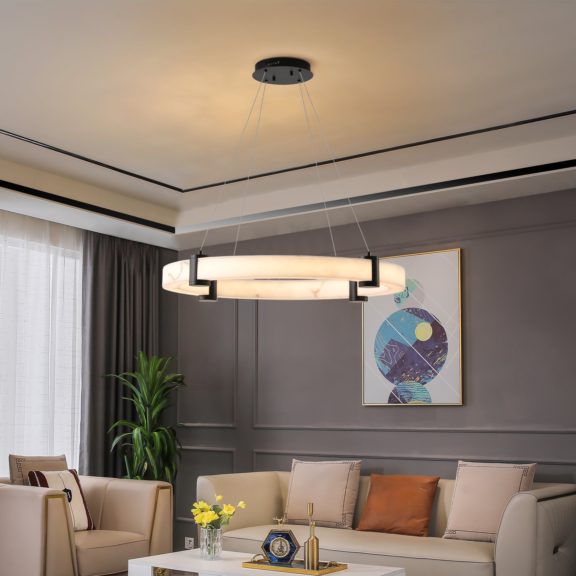 Suspension LED moderne, anneau en résine avec finition imitation marbre 
