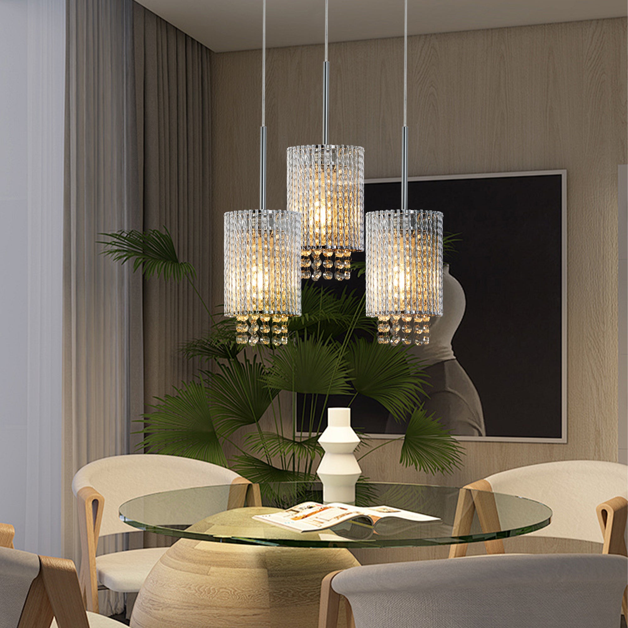 Lot de 3 lampes suspendues en cristal de luxe, lustre élégant avec finition dorée et design en perles en cascade (sans ampoules) 