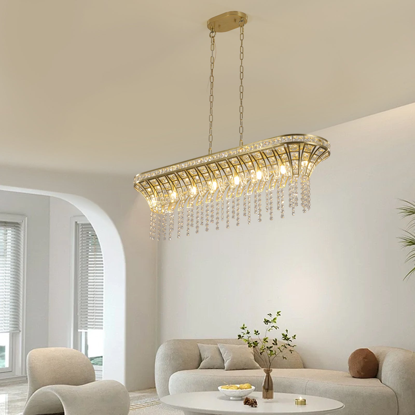 Lustre de plafond ovale en cristal pour îlot de cuisine moderne couleur champagne doré 