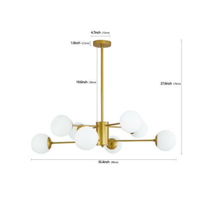 35" Modern 8-Light Gold Chandelier with White Glass Globe Shades (No Bulbs)