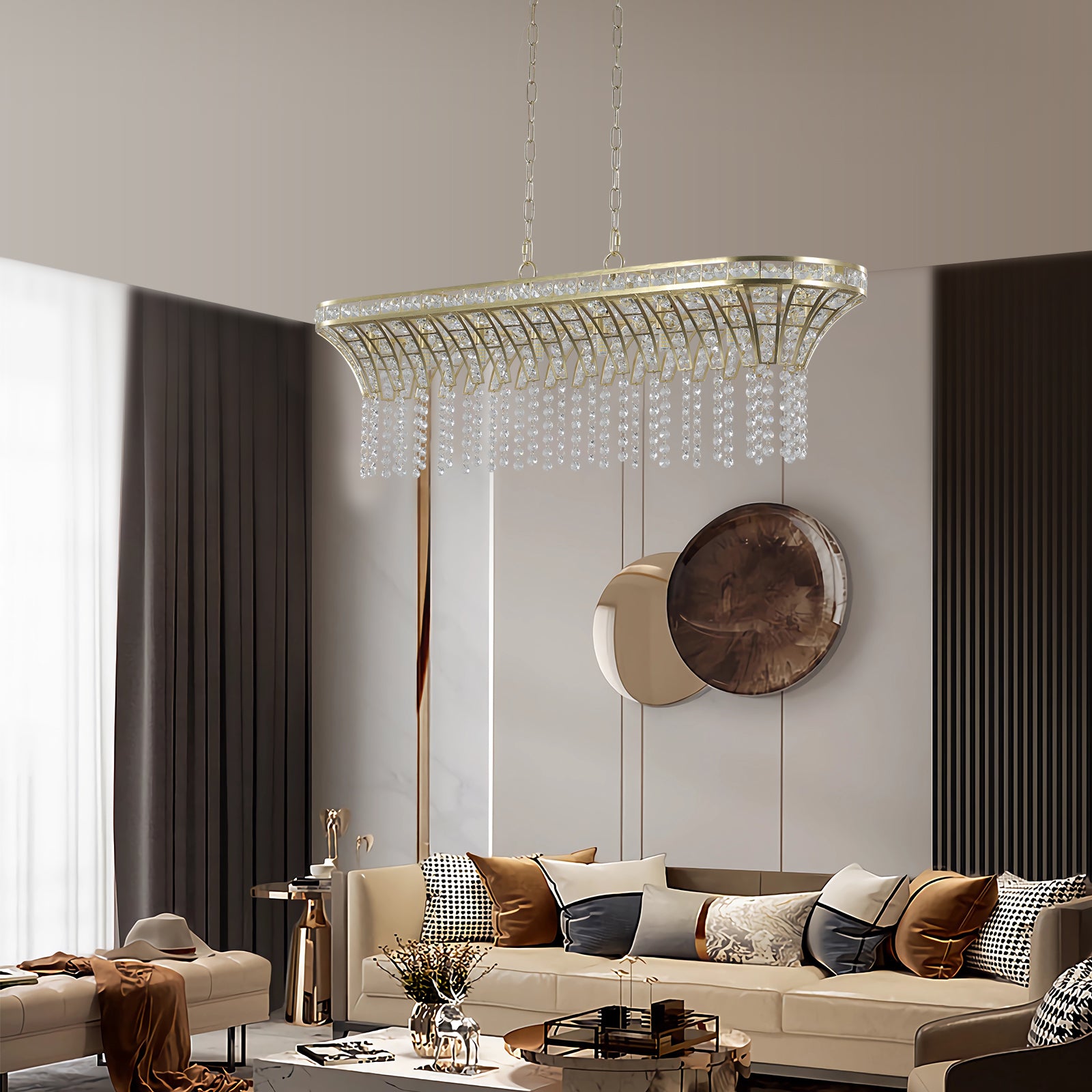 Lustre de plafond ovale en cristal pour îlot de cuisine moderne couleur champagne doré 