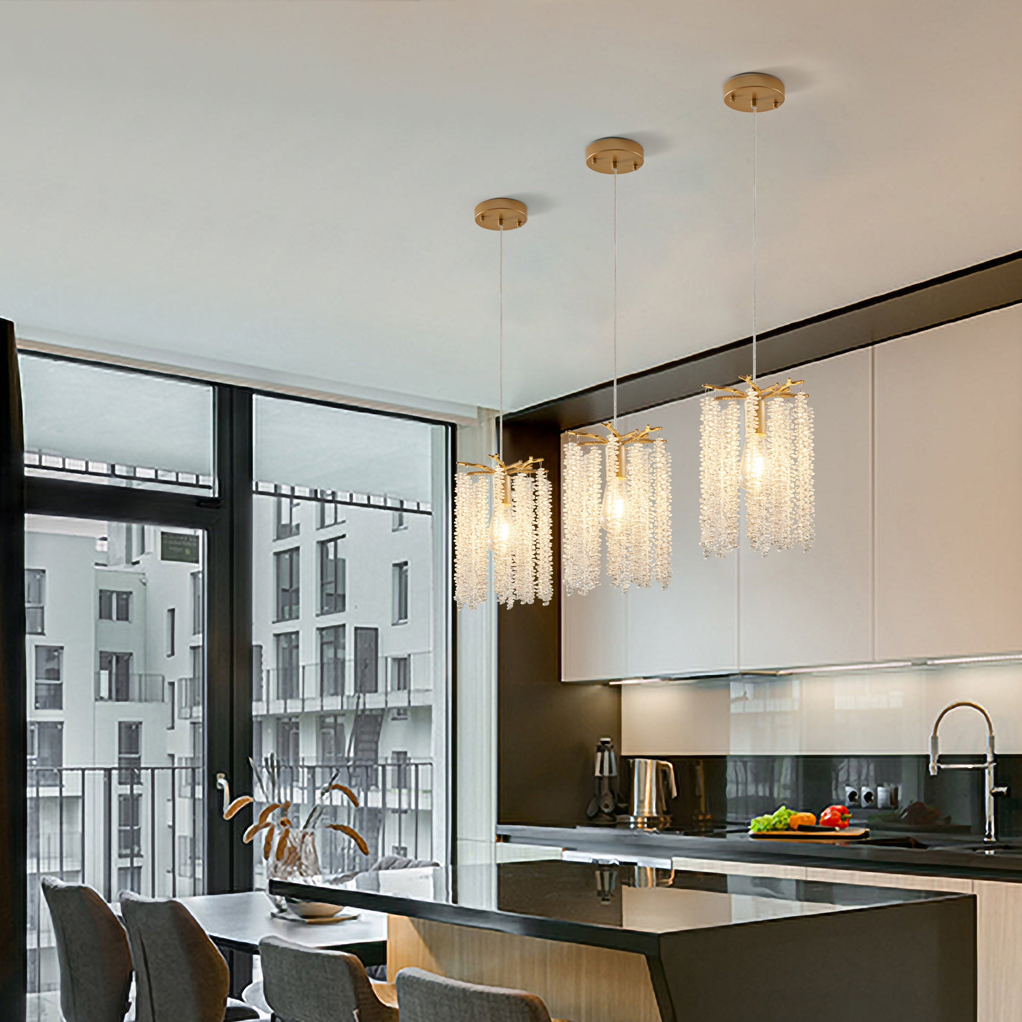 Lot de 3 lampes suspendues en cristal de luxe, lustre élégant avec finition dorée et design en perles en cascade (sans ampoules) 