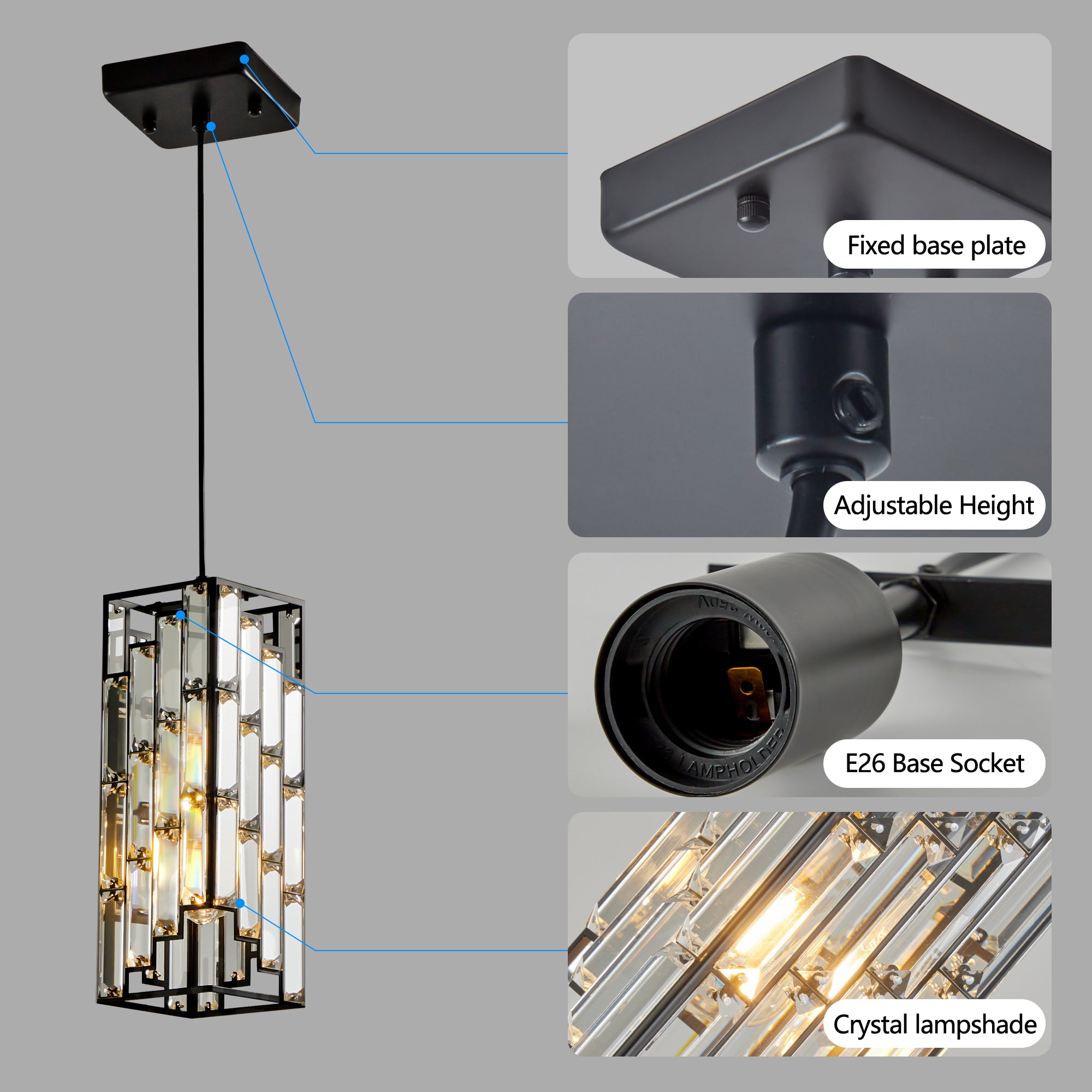 Modern Crystal Pendant Lights – Set of 3 Adjustable Ceiling Fixtures