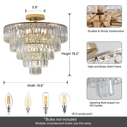 Lustres en cristal doré, luminaire de lustre semi-encastré rond à 5 niveaux