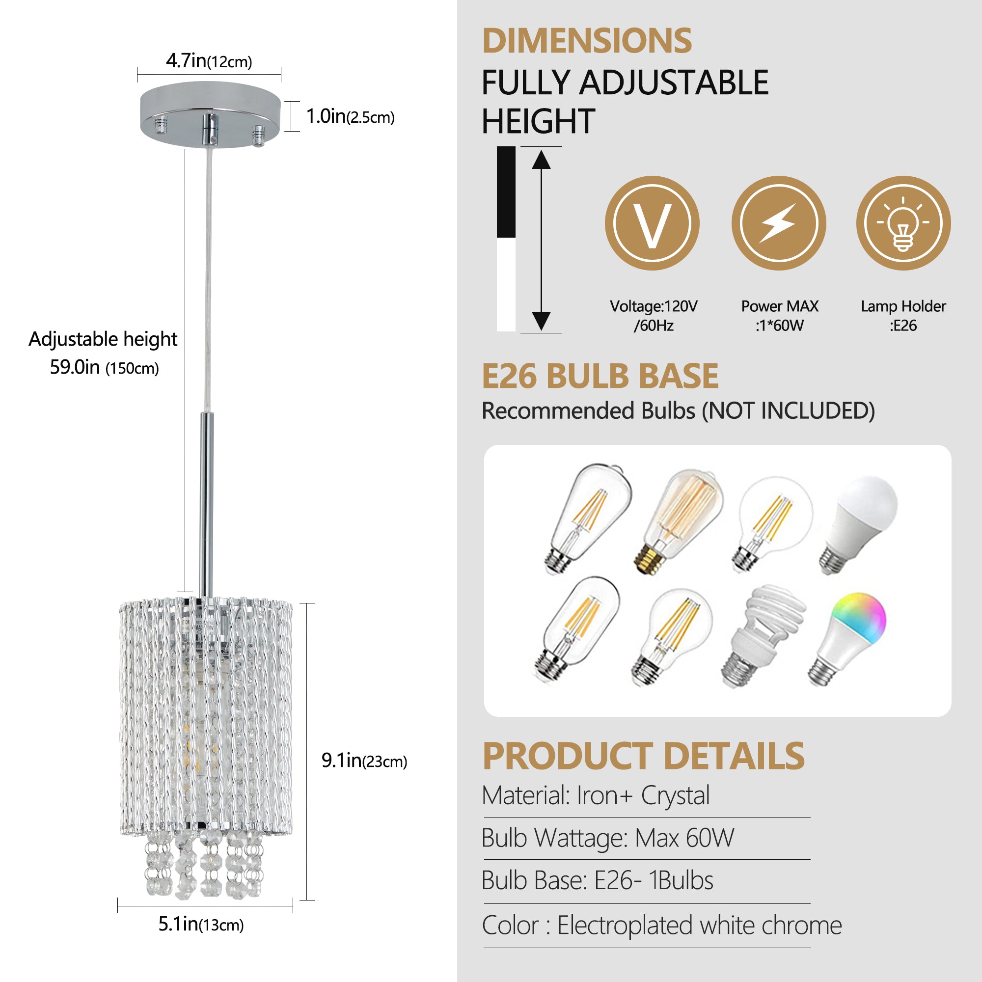 Lot de 3 lampes suspendues en cristal de luxe, lustre élégant avec finition dorée et design en perles en cascade (sans ampoules) 