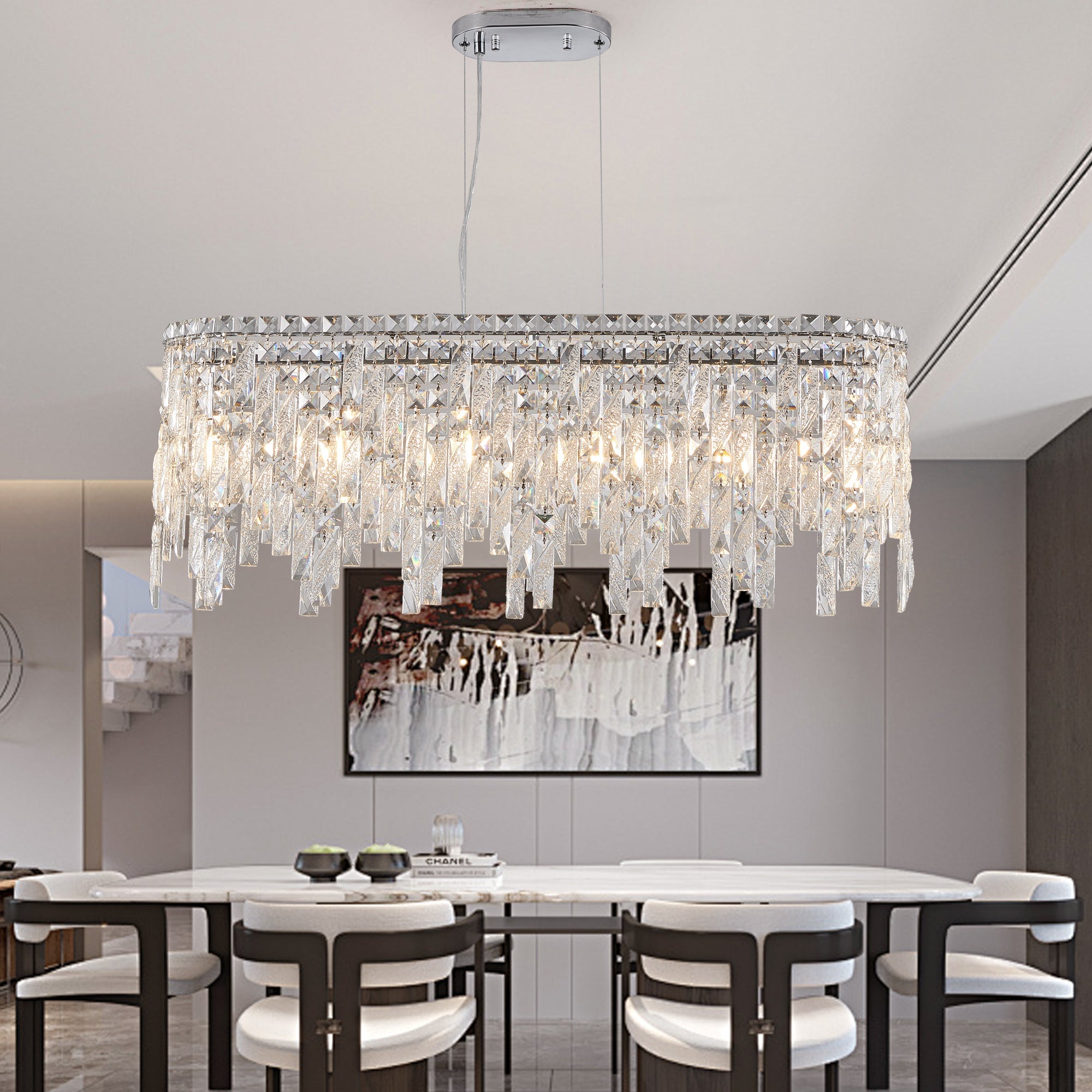 Silver Elegant Oval Crystal Chandelier -Modern Luxury &amp; Radiant Brilliance