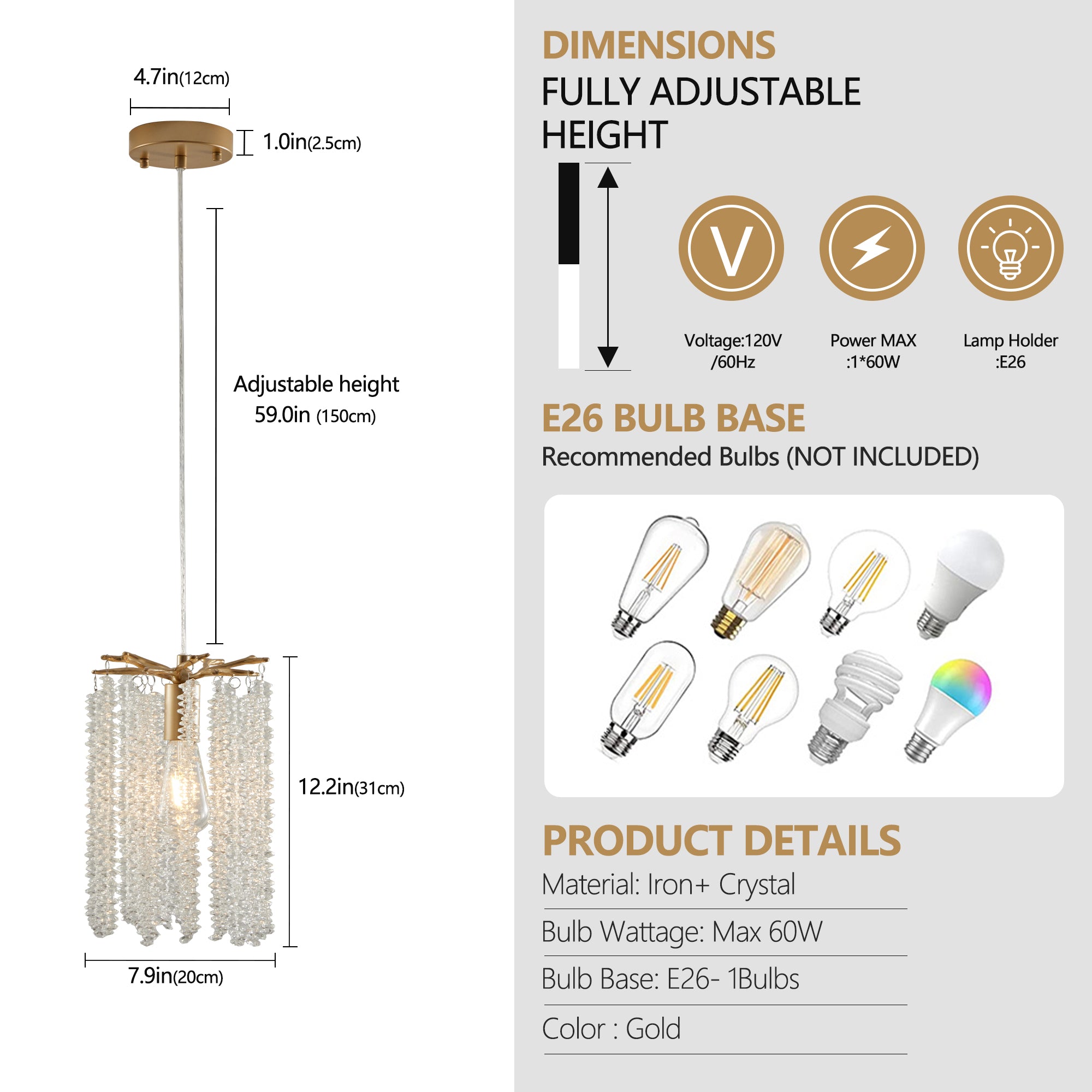 Lot de 3 lampes suspendues en cristal de luxe, lustre élégant avec finition dorée et design en perles en cascade (sans ampoules) 