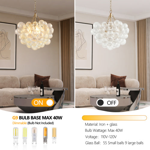 Gold Pendant Light Chandelier with Threaded Clear Glass Globe Shade