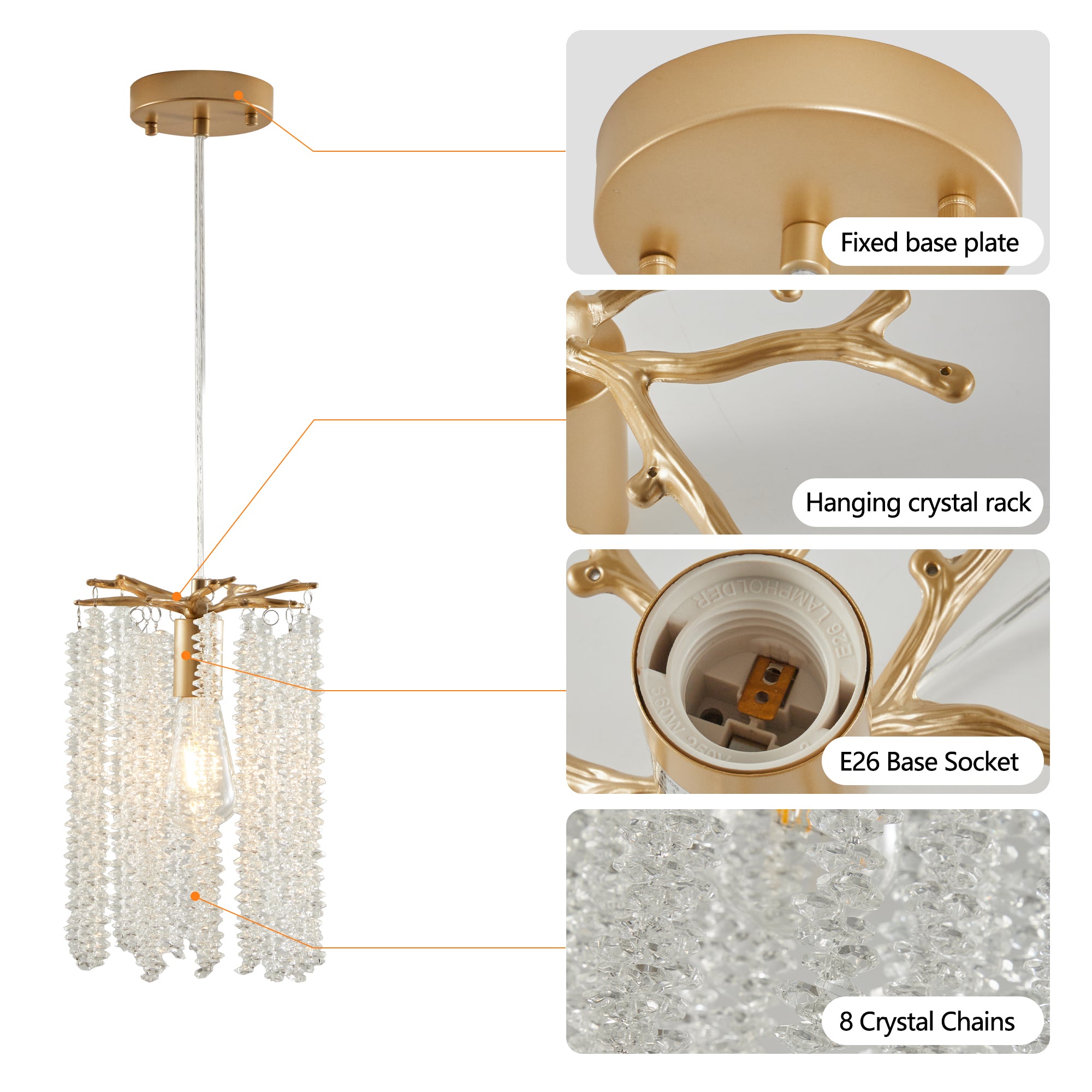 Lot de 3 lampes suspendues en cristal de luxe, lustre élégant avec finition dorée et design en perles en cascade (sans ampoules) 