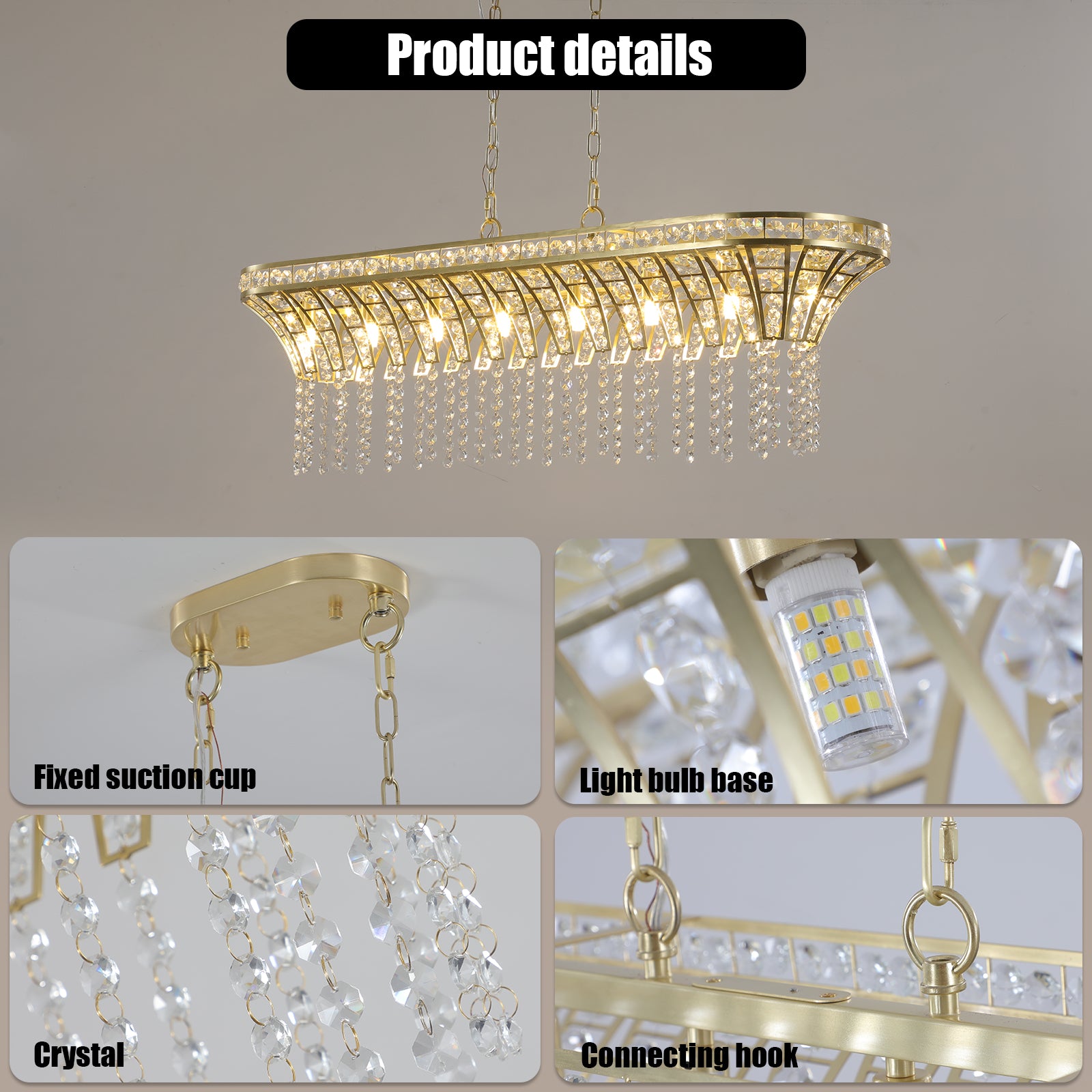 Lustre de plafond ovale en cristal pour îlot de cuisine moderne couleur champagne doré 