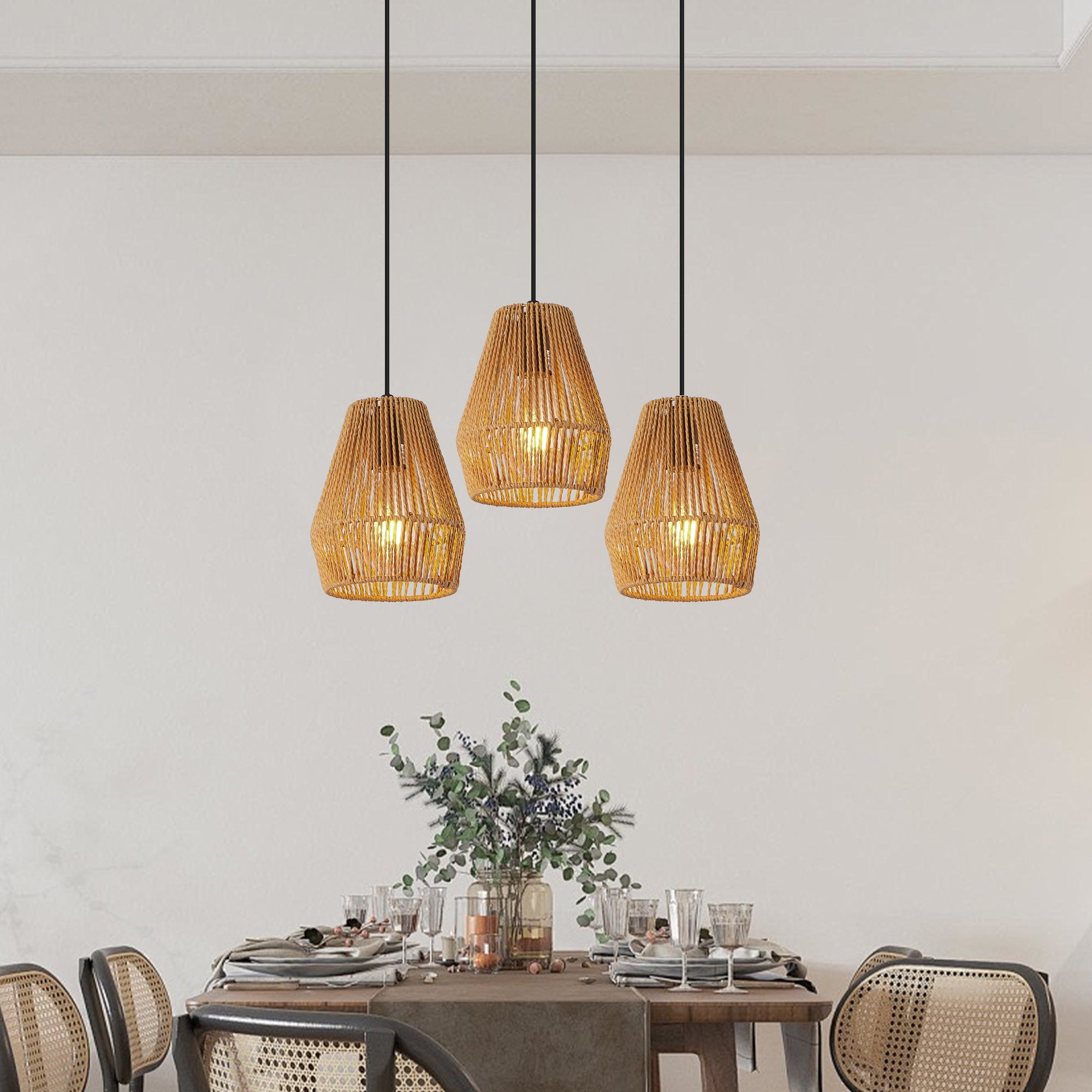Set of 3 Rustic Hemp Rope Pendant Lights – Handcrafted Farmhouse Charm