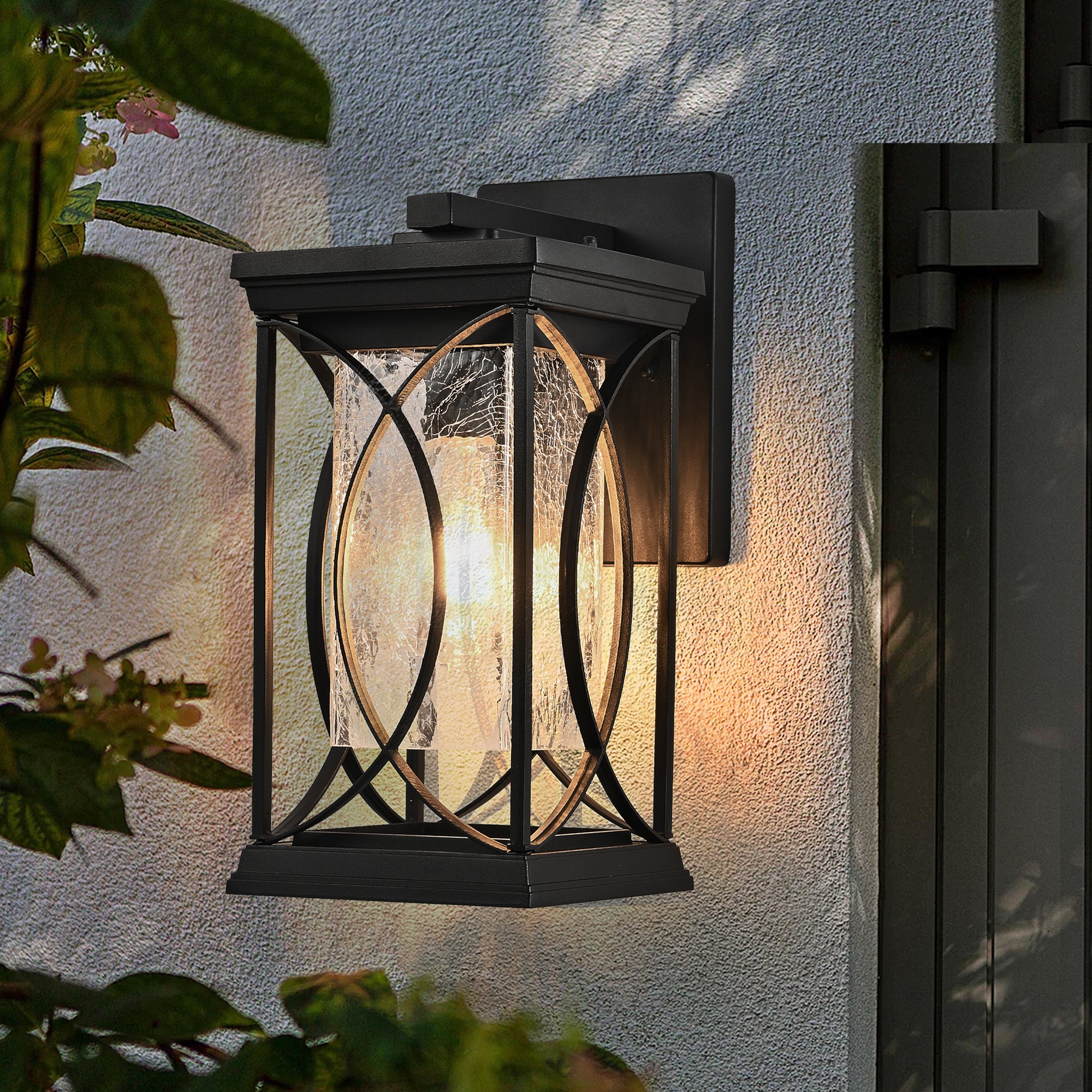 14"(H) 1-pack Black Outdoor Wall Lantern with Crackled Glass (Bulb Not Included)