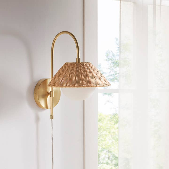 Rattan Weave Gold Plug-in Wall Scone Light