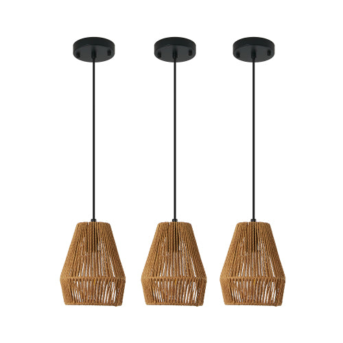 Set of 3 Rustic Hemp Rope Pendant Lights – Handcrafted Farmhouse Charm