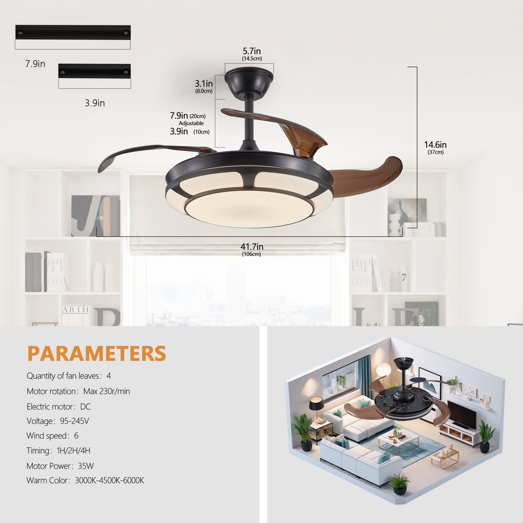18" Retractable Ceiling Fan with LED Light – Smart, Silent &amp; Stylish