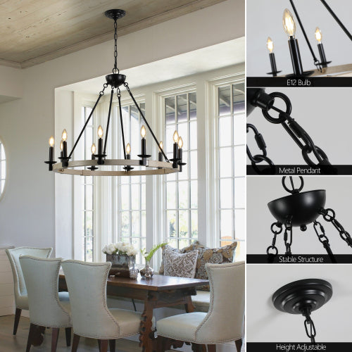 32" Rustic Farmhouse 10-Light Candle Chandelier (No Bulbs)