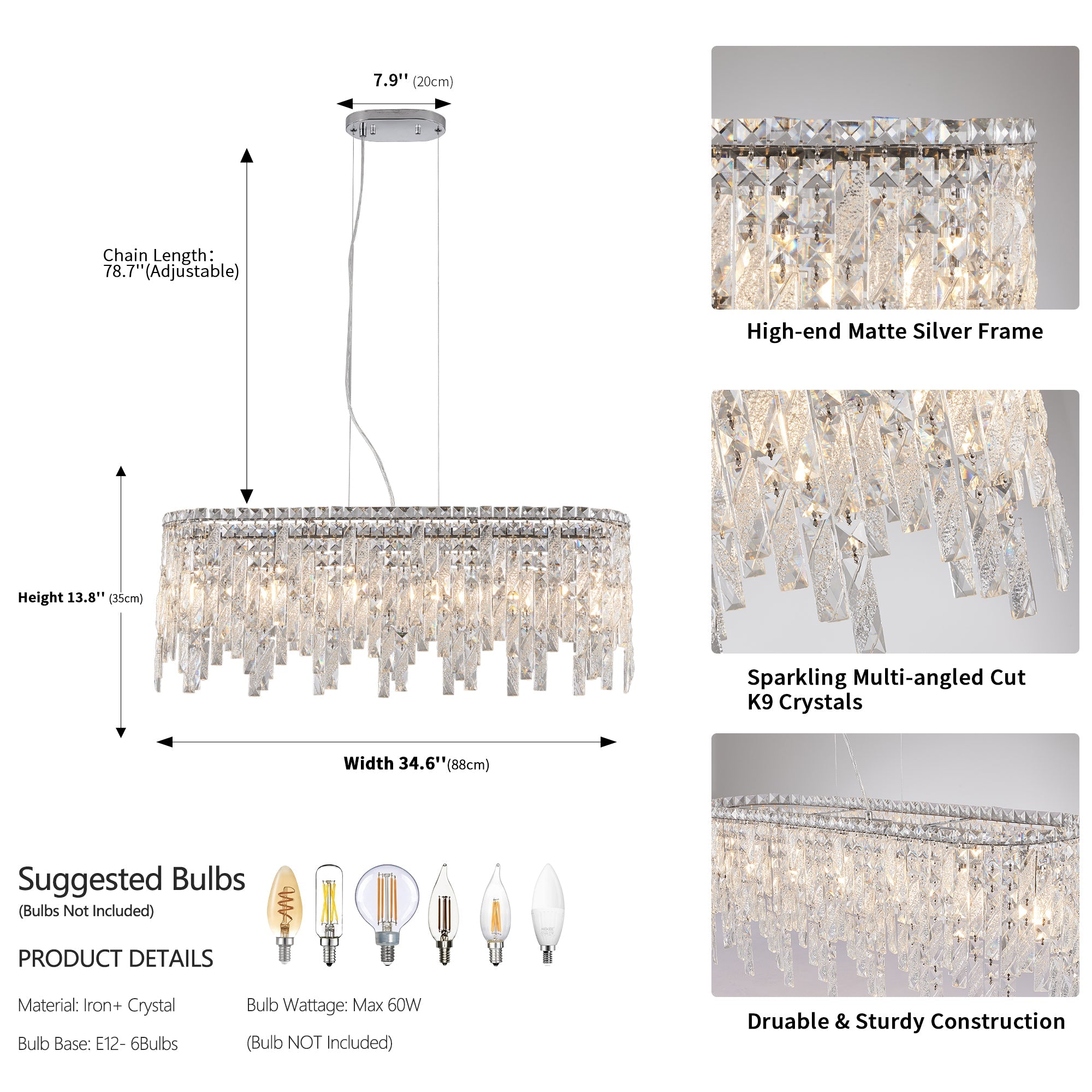 Silver Elegant Oval Crystal Chandelier -Modern Luxury &amp; Radiant Brilliance