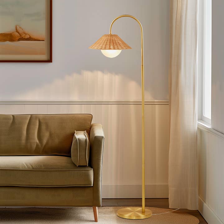 Rattan Weave Shade Floor Lamp, Gold/Natural