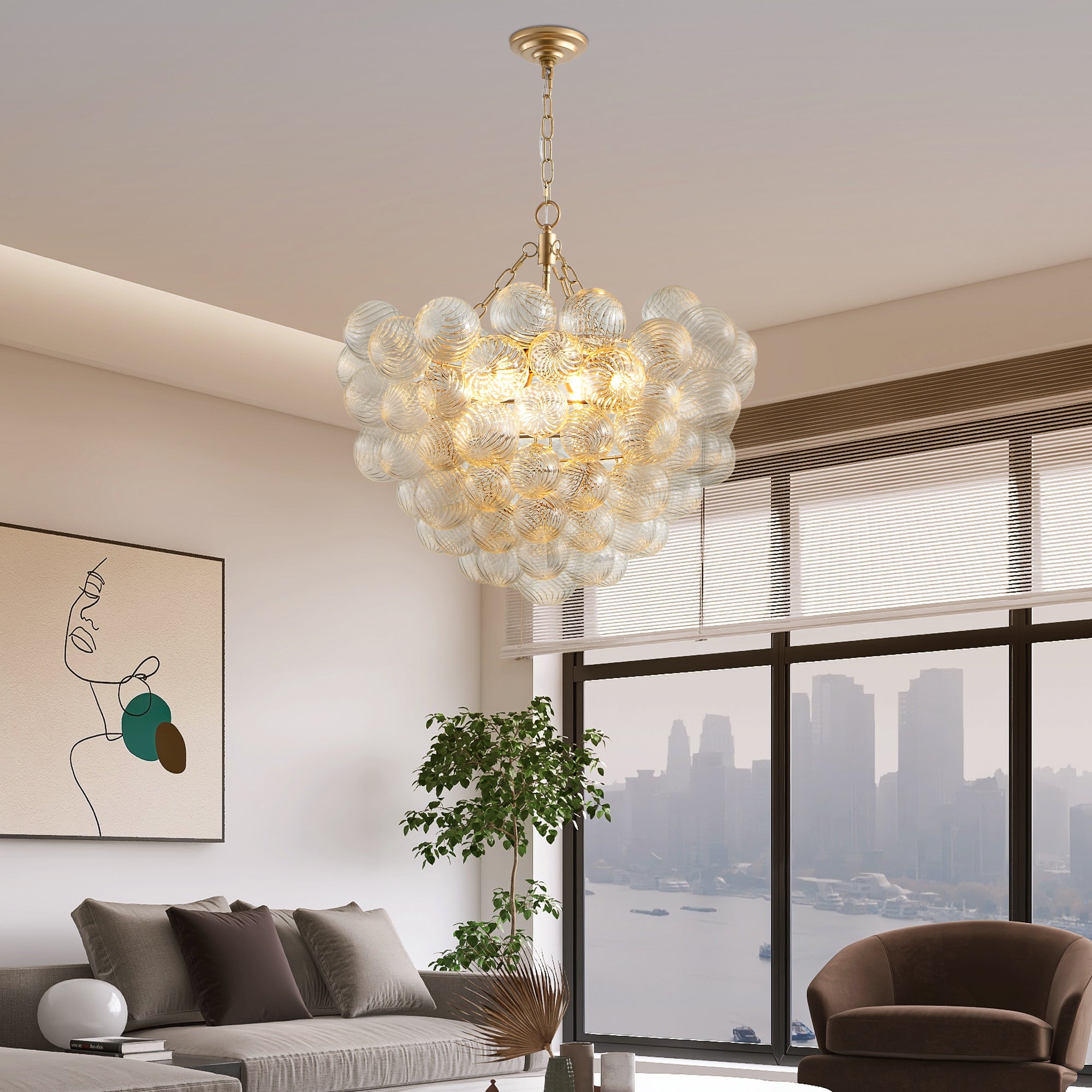 Gold Pendant Light Chandelier with Threaded Clear Glass Globe Shade