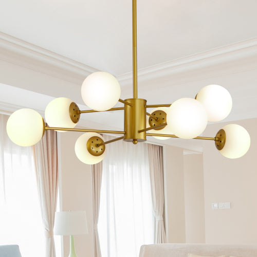 35" Modern 8-Light Gold Chandelier with White Glass Globe Shades (No Bulbs)